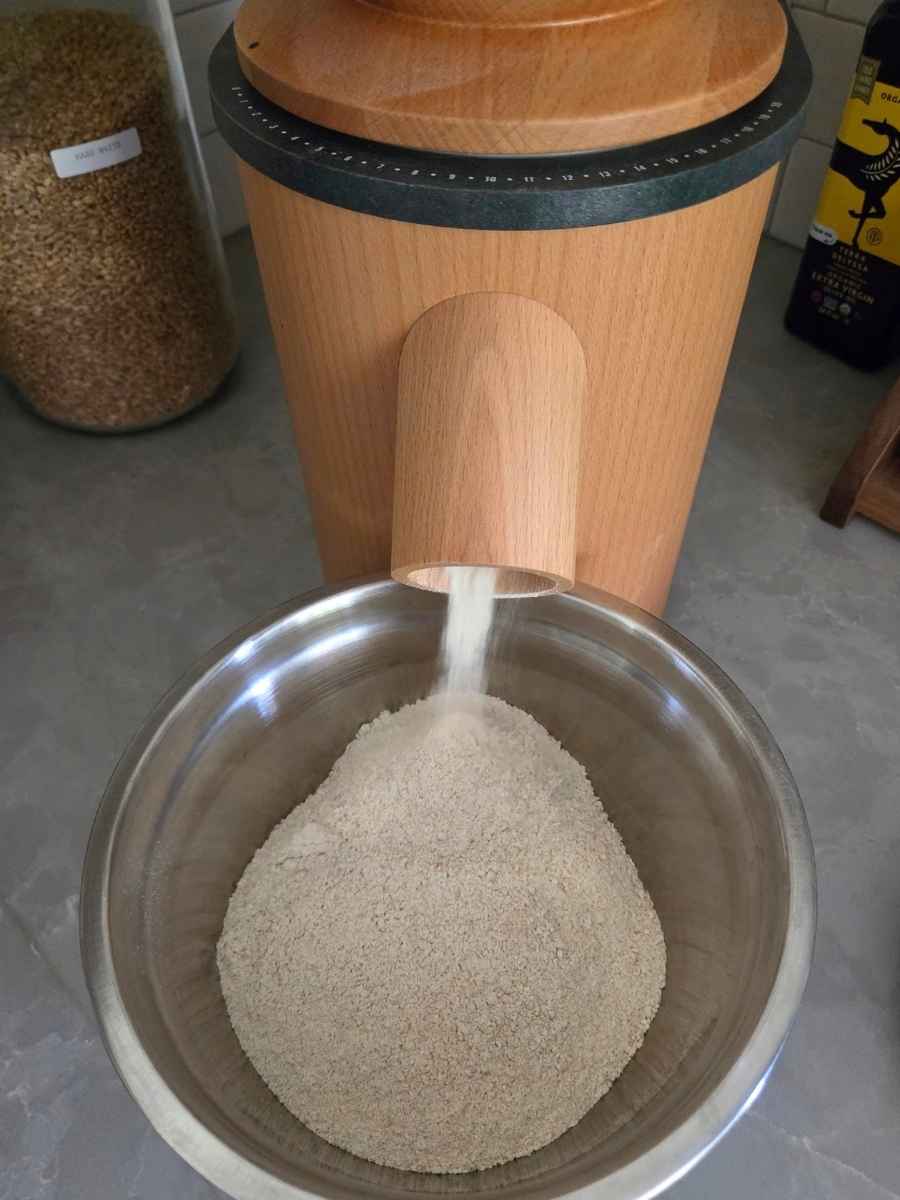 Freshly ground whole wheat flour flowing from a Mockmill grain mill into a stainless steel mixing bowl.