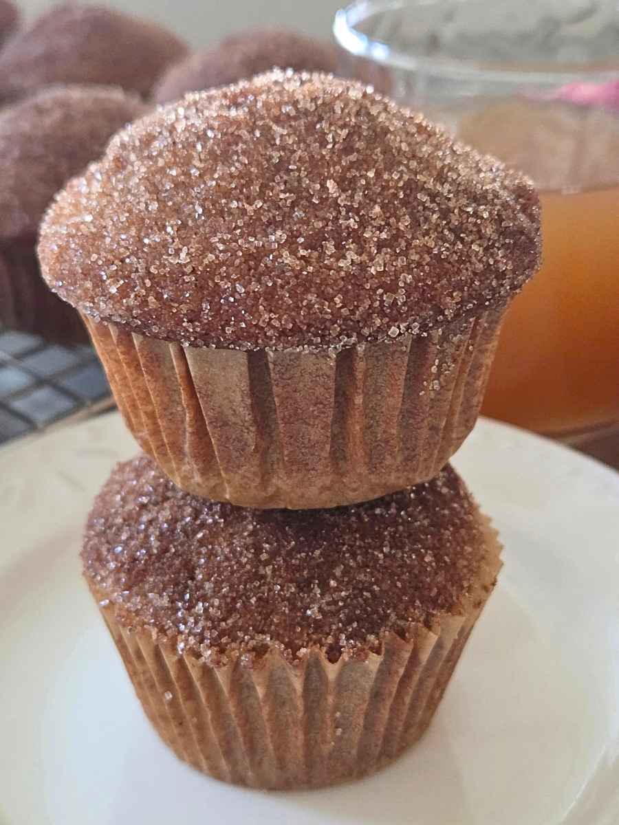 Two cinnamon sugar apple cider donut muffins stacked on a plate with apple cider in the background