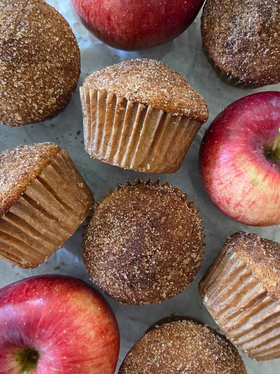 Overhead view of fresh milled flour apple cider donut muffins with apples and a glass of apple cider