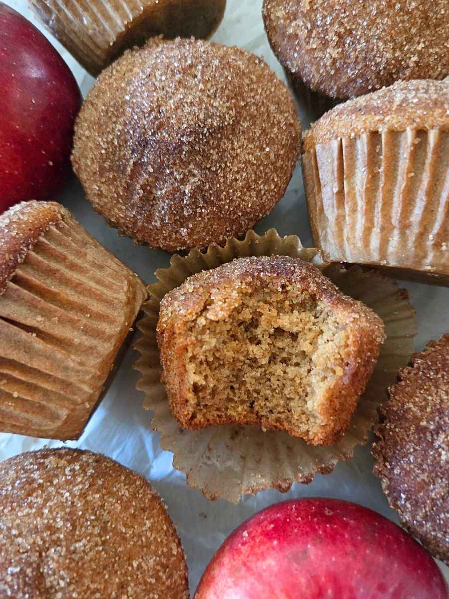 Apple cider donut muffin broken open to show the soft interior surrounded by muffins and fresh apples