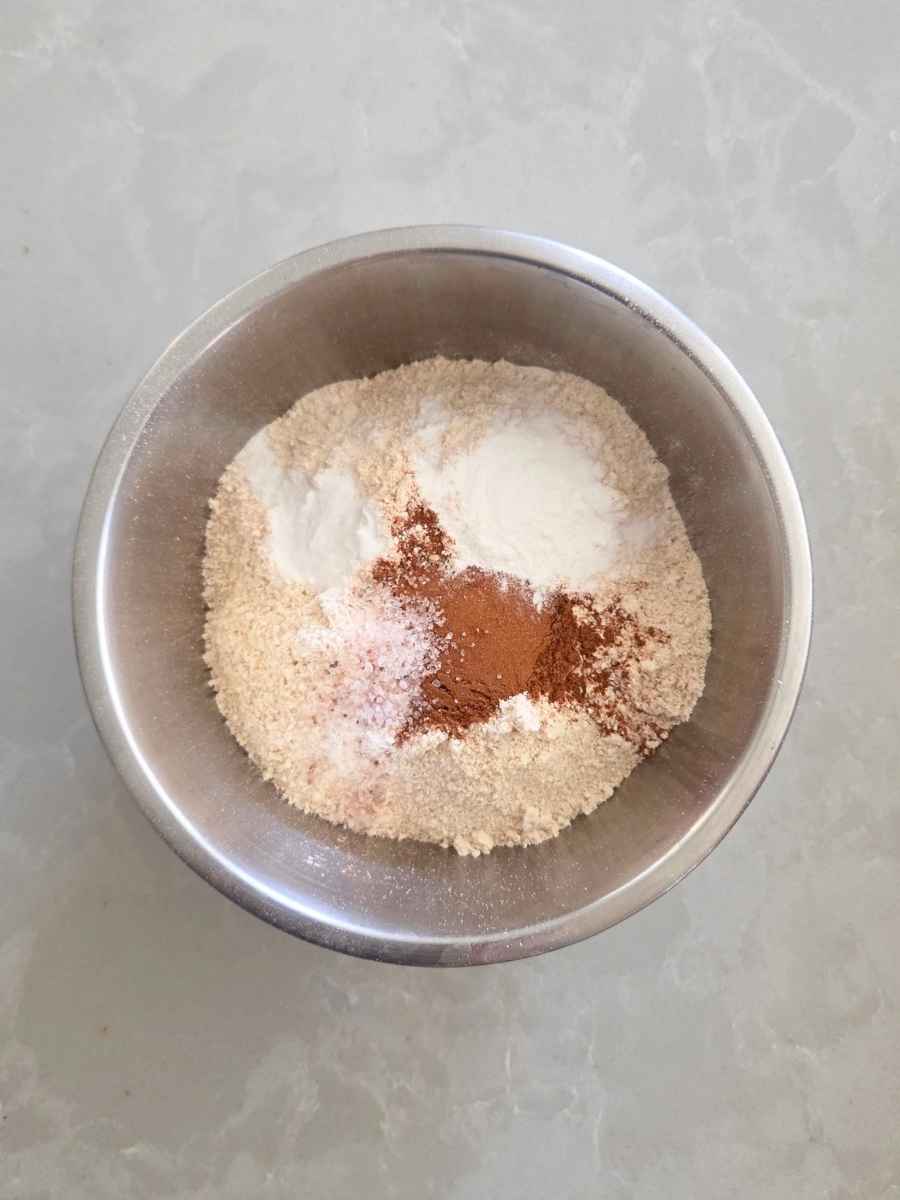 Freshly milled soft white wheat flour mixed with apple pie spice, baking powder, baking soda, and salt