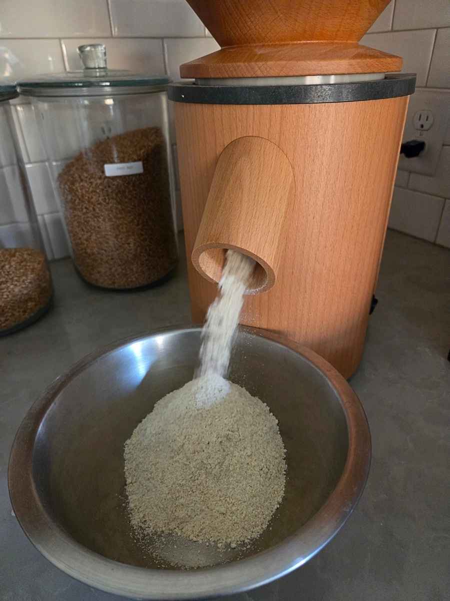 Freshly milled soft white wheat flour pouring from a grain mill into a stainless steel mixing bowl.