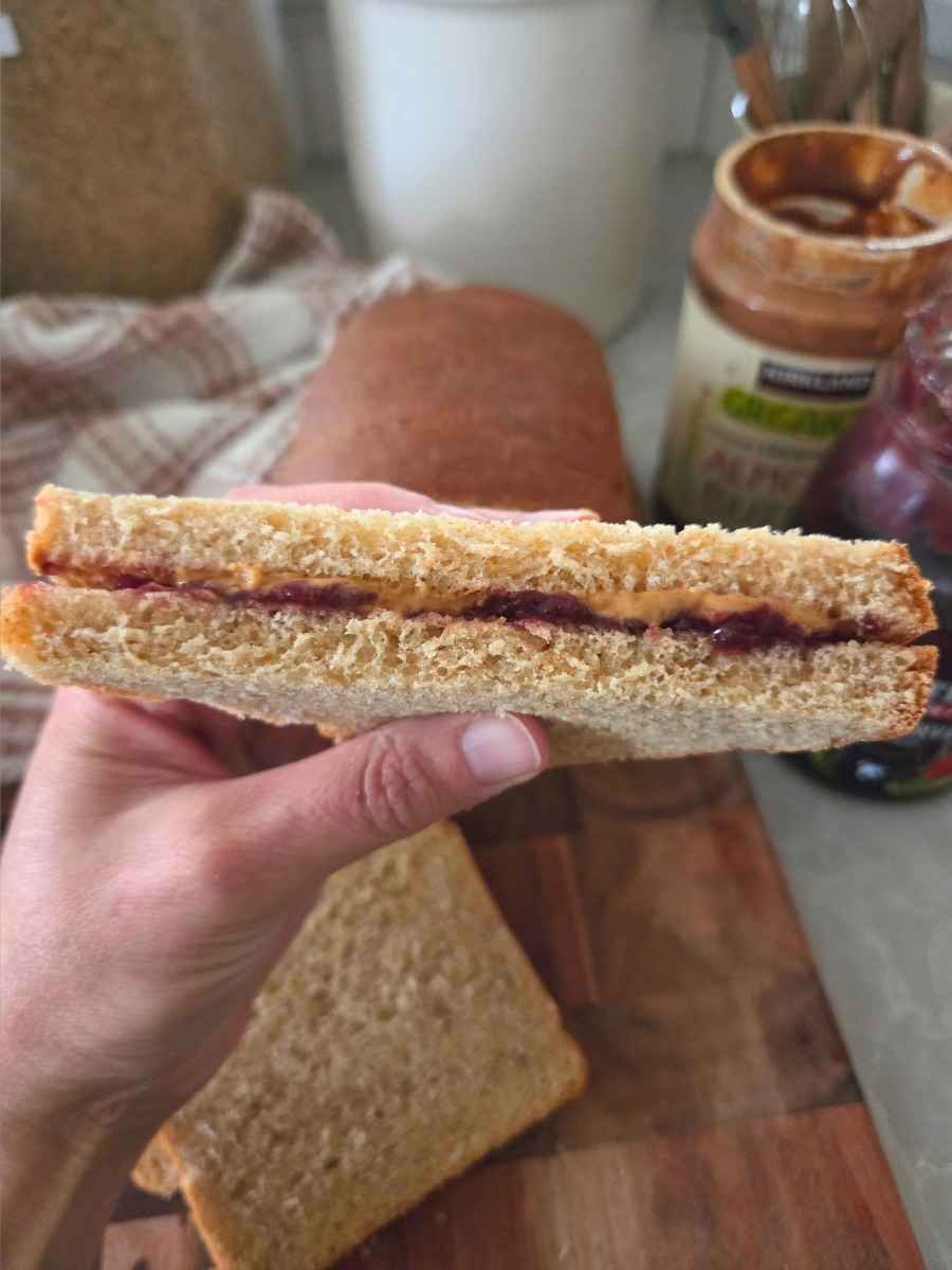 Slice of peanut butter and jelly sandwich held up to show the soft texture and filling, made using this fresh milled flour sandwich bread recipe.